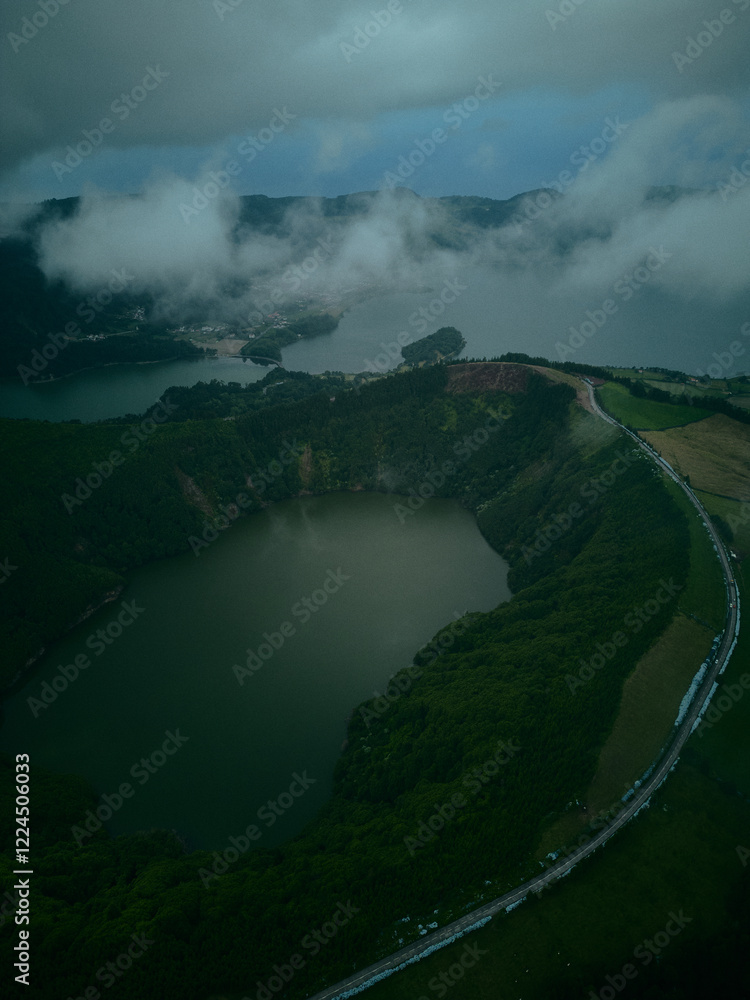 Fototapeta premium Fog over the mountains Sao Miguel Azores Portugal drone