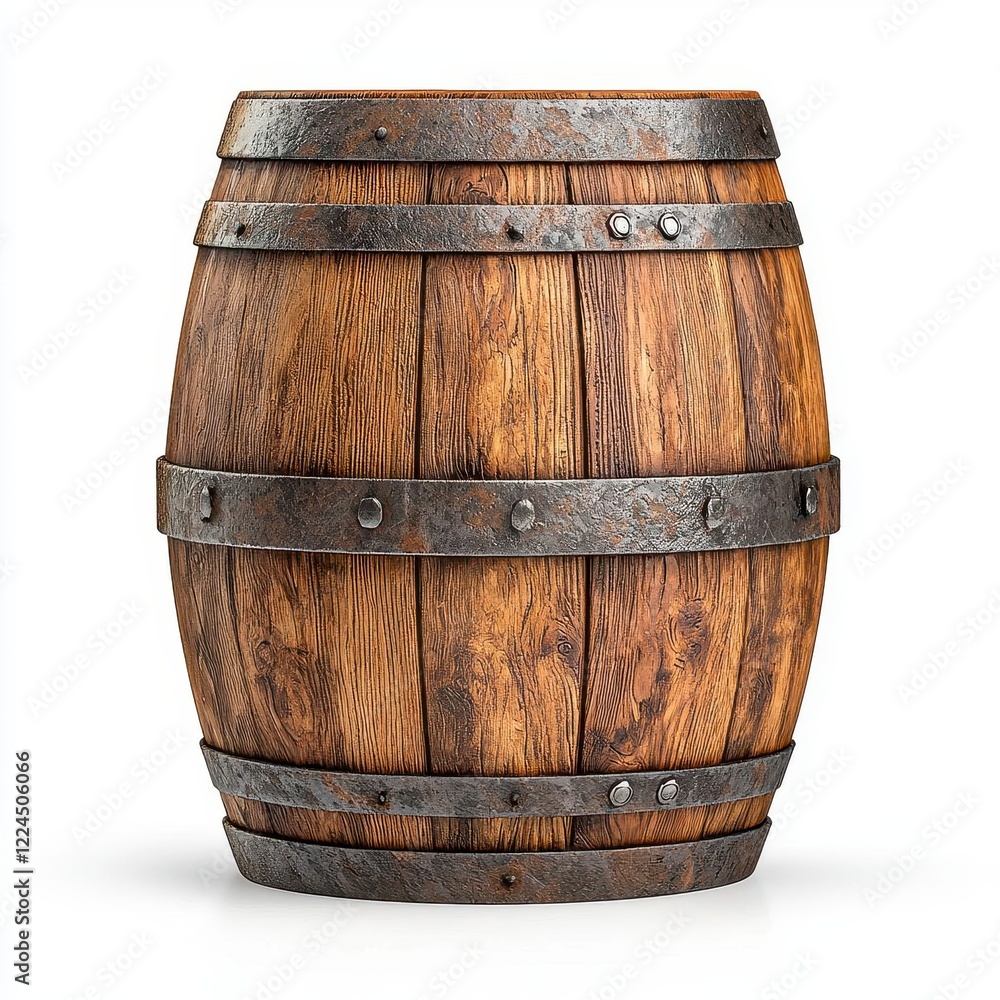 Fototapeta premium A shiny wooden barrel with metallic bands, sitting on a clean white surface. High Quality