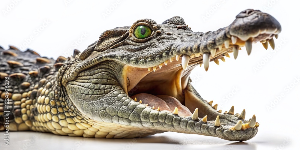 Fototapeta premium Close-up of a Crocodile's Open Jaws, Isolated on White Background - Wildlife Photography