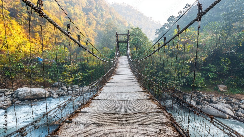 Mountain valley suspension bridge crossing river Mountain valley suspension bridge crossing river