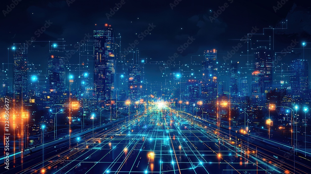 A vibrant, digital cityscape illuminated by blue and orange lights, showcasing a futuristic atmosphere with interconnected lines and glowing skyscrapers. A vibrant, digital cityscape illuminated by blue and orange lights, showcasing a futuristic atmosphere with interconnected lines and glowing skyscrapers.