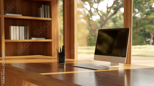 Minimalist home office workspace with laptop computer at wooden desk by window with bright natural daylight
