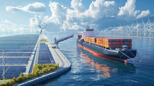 A modern port scene featuring a cargo ship, solar panels, and wind turbines, highlighting sustainable energy and maritime transport.