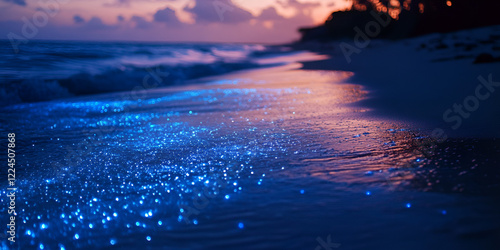 Bio Luminescent Shore at Sunset: Glowing blue phytoplankton illuminate the ocean's edge at sunset, creating a magical, surreal scene. The waves gently lap the shore, enhancing the ethereal glow. photo