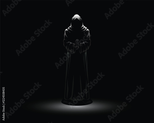 vector design of a person in a black robe with a head covering standing under the light on a black background