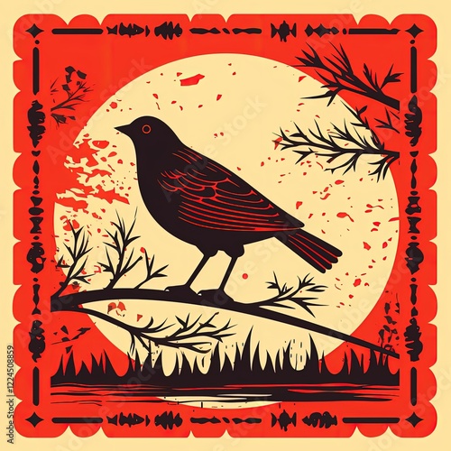 Artistic Red Stamp Capybara Logo Featuring a Torch and Gothic Elements photo