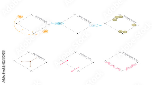 isometric architecture site analysis symbol icon element drawing graphic flat isolated vector. architecture element line sun wind sound sun path vegetation.