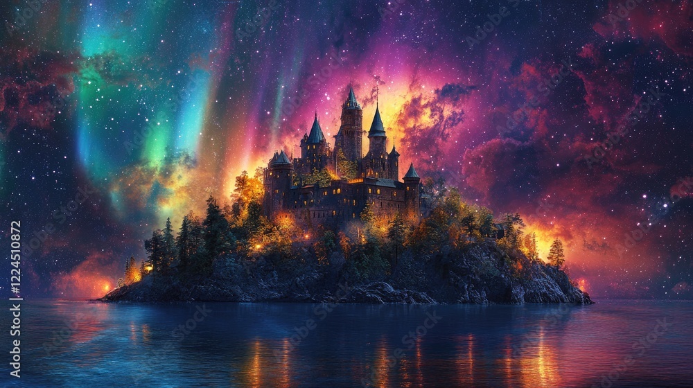 Fototapeta premium Enchanted castle on an island, surrounded by shimmering auroras and glowing constellations in the night