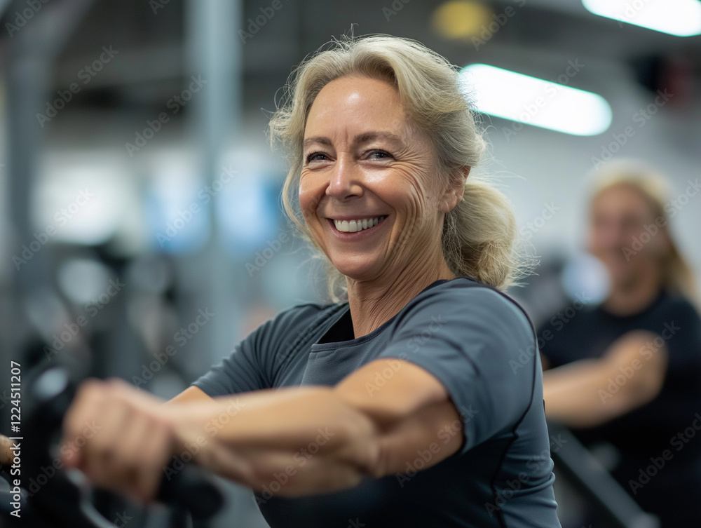 Obraz premium Happy, smiling senior woman working out on a bike at the gym with friends