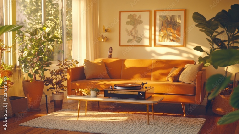 Fototapeta premium Stylish mid-century modern living room bathed in golden sunlight featuring a vintage record player and lush plants