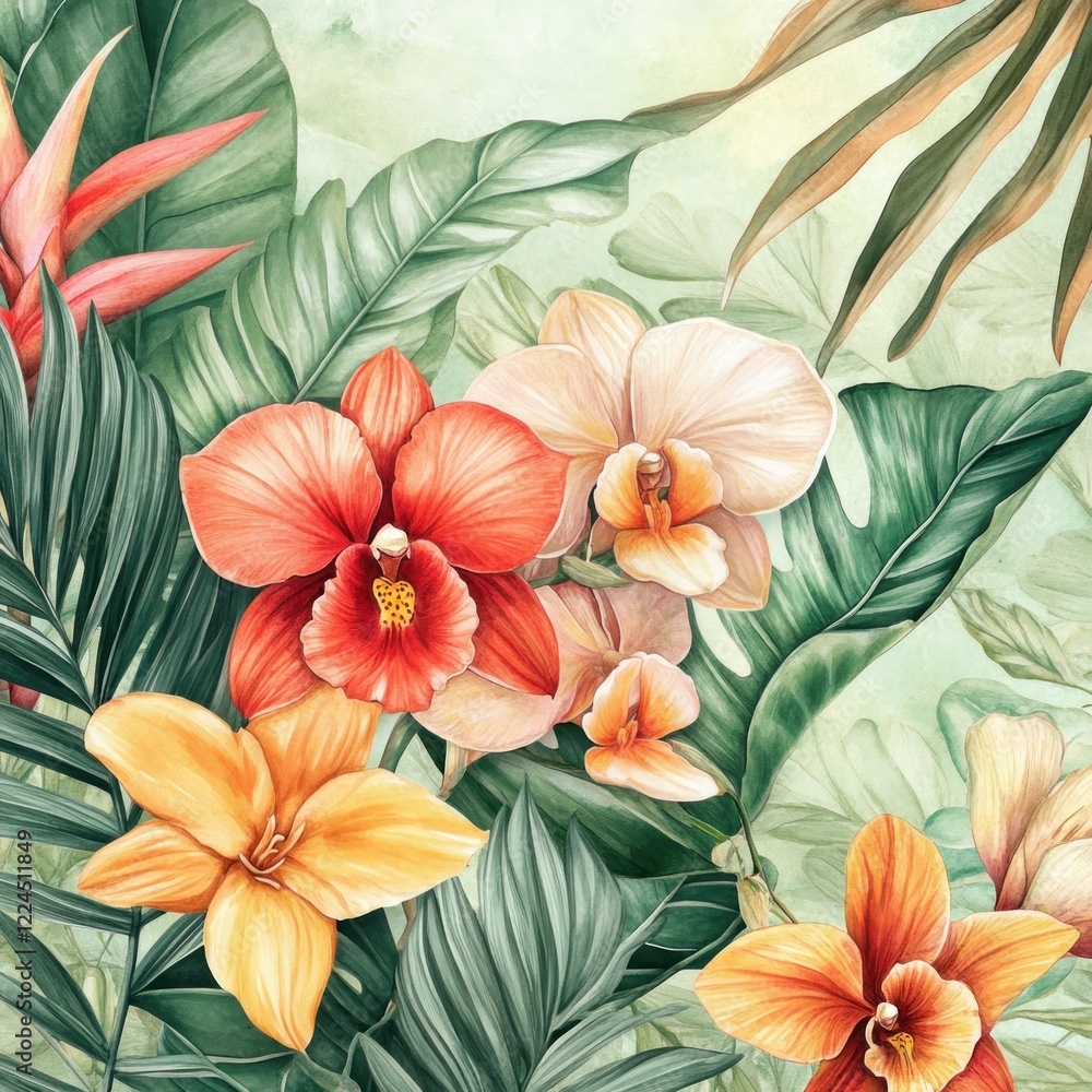 custom made wallpaper toronto digitalTropical flowers, lush leaves, tranquil background, home decor print