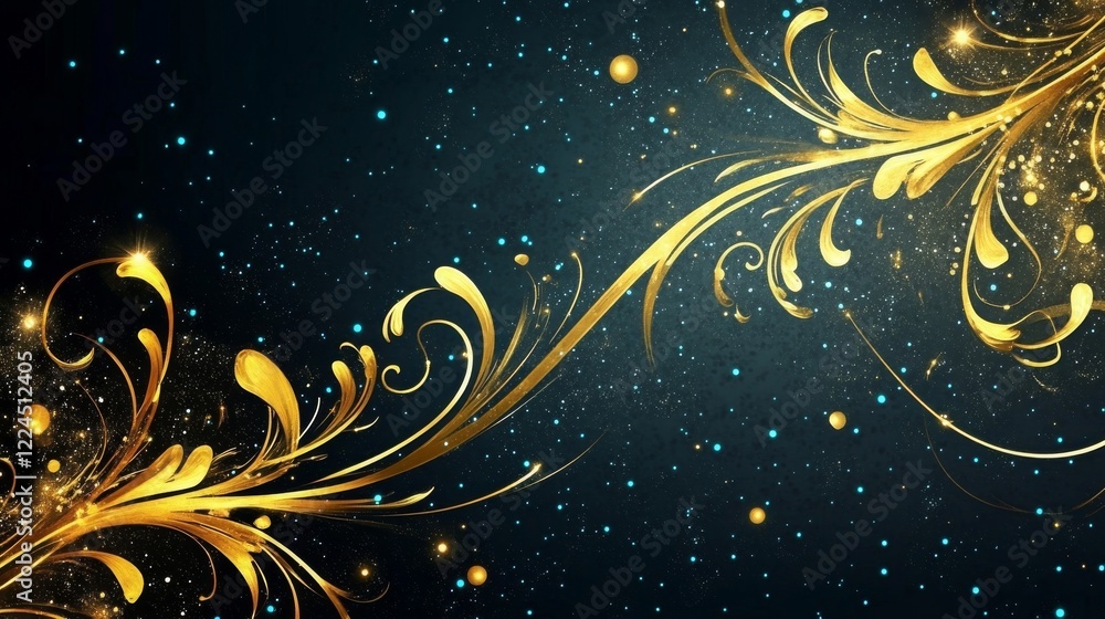 Golden Flourishes: Abstract Dark Blue and Gold Background