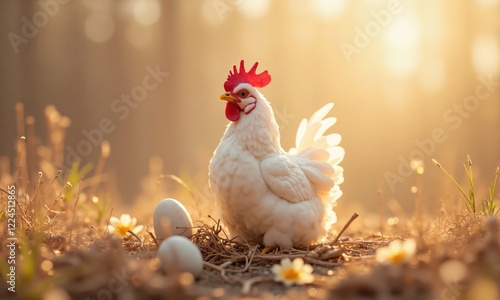 White Hen and Eggs in Grassy Nest at Sunrise photo