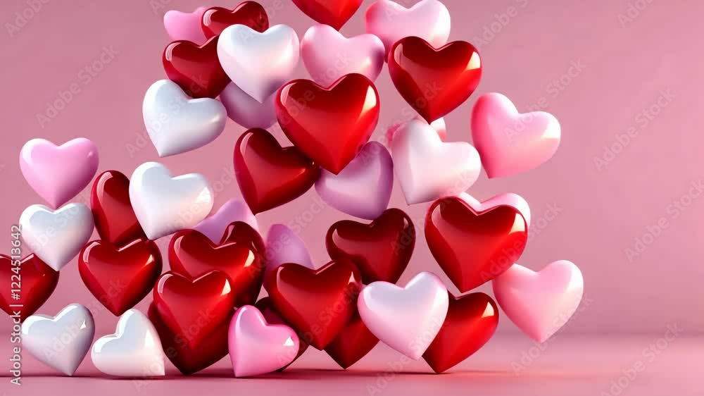 Floating Hearts: A cascade of red, pink, and white hearts floats gently against a soft pink backdrop, creating a romantic and whimsical Valentine's Day or love-themed image. Floating Hearts: A cascade of red, pink, and white hearts floats gently against a soft pink backdrop, creating a romantic and whimsical Valentine's Day or love-themed image.