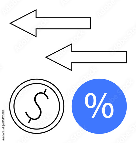 Two black arrows pointing in opposite directions, a dollar sign in a circle, and a blue percentage symbol. Ideal for financial exchange, investment strategies, economic theories, business decisions