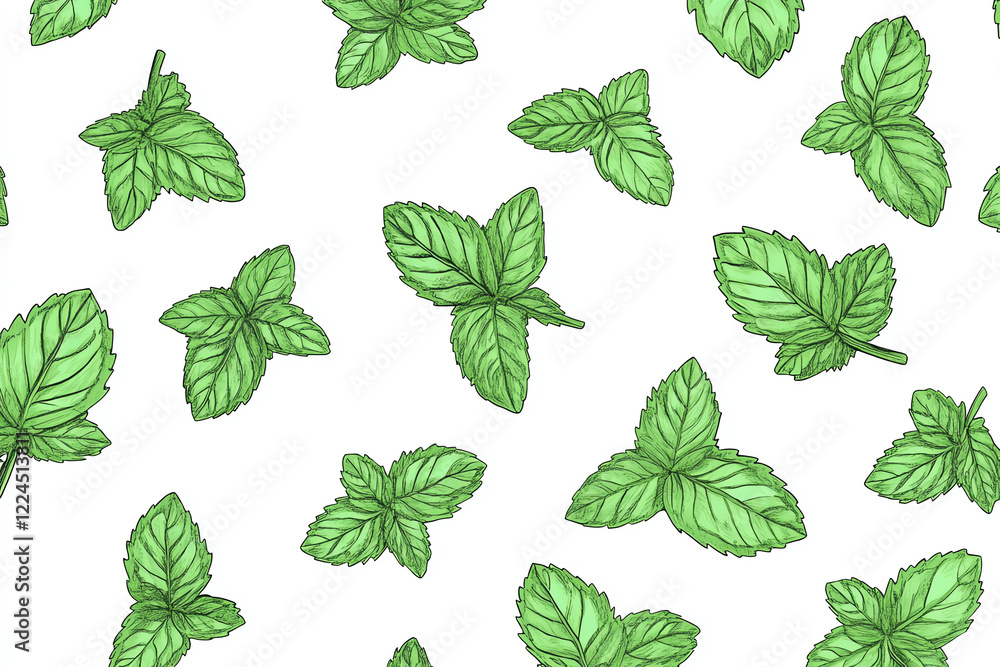 A vibrant pattern of mint leaves on a white background, showcasing the freshness and beauty of nature in a clean design. A vibrant pattern of mint leaves on a white background, showcasing the freshness and beauty of nature in a clean design.