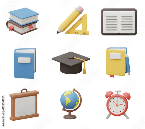 Cute 3D Back to School Icons Set Books, Pencil, Globe, and More isolated on white background. Generative AI