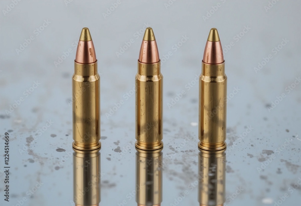 Three brass-cased bullets with copper tips are displayed upright on a reflective surface, highlighting their metallic sheen and precision. Three brass-cased bullets with copper tips are displayed upright on a reflective surface, highlighting their metallic sheen and precision.