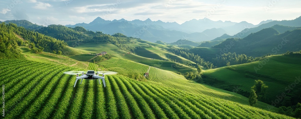 Fototapeta premium AI-Powered Drone Hovering Above a Scenic Landscape, Showcasing Advanced Technology in Action