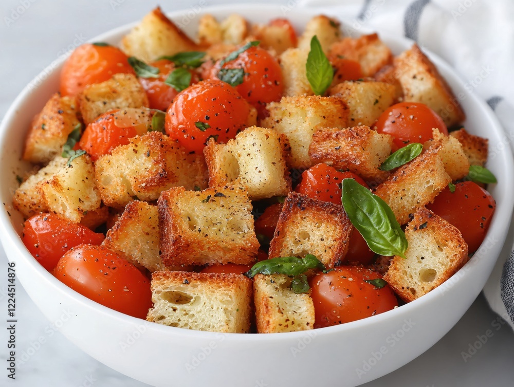 Fresh panzanella salad with cherry tomatoes and toasted bread in a white bowl on marble Fresh panzanella salad with cherry tomatoes and toasted bread in a white bowl on marble