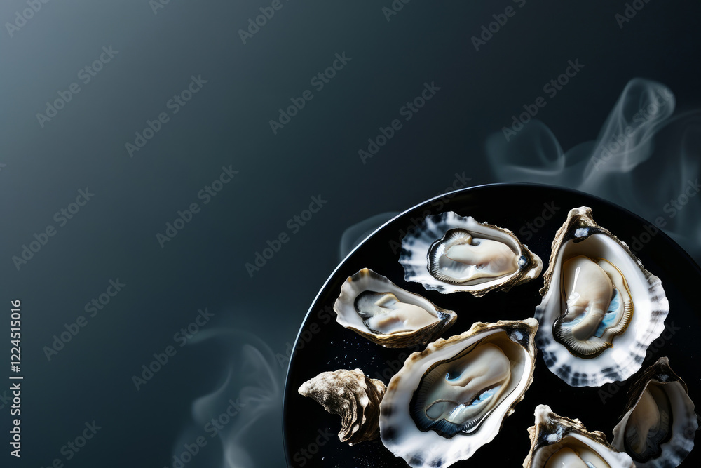 Sea delicacy fresh raw open oysters are laid out on a black plate on dark background. AI generated Sea delicacy fresh raw open oysters are laid out on a black plate on dark background. AI generated