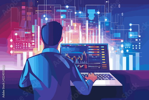 Businessman analyzing stock market graph on laptop screen, integrating business and technological insights