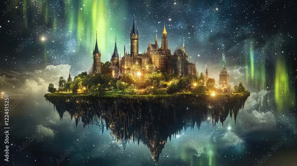 Fototapeta premium Floating island with a glowing castle, surrounded by vibrant auroras and sparkling stars at night