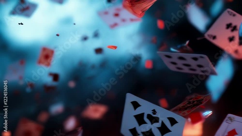 Colorful Playing Cards Scatter in the Air Under Dramatic Lighting Effects During a Game Night. Generative AI