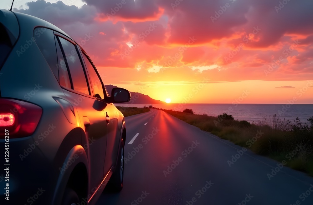 A car ride along a beautiful road set against a colorful sunset landscape in summer. Natural landscapes on the coastal highway. Travel against the backdrop of the seaside landscape. Summer vacation tr A car ride along a beautiful road set against a colorful sunset landscape in summer. Natural landscapes on the coastal highway. Travel against the backdrop of the seaside landscape. Summer vacation tr