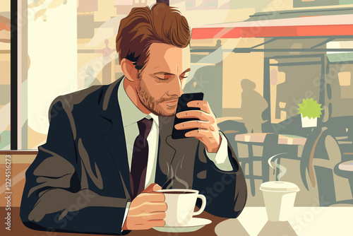 Businessman enjoying coffee while browsing smartphone in a modern cafe setting