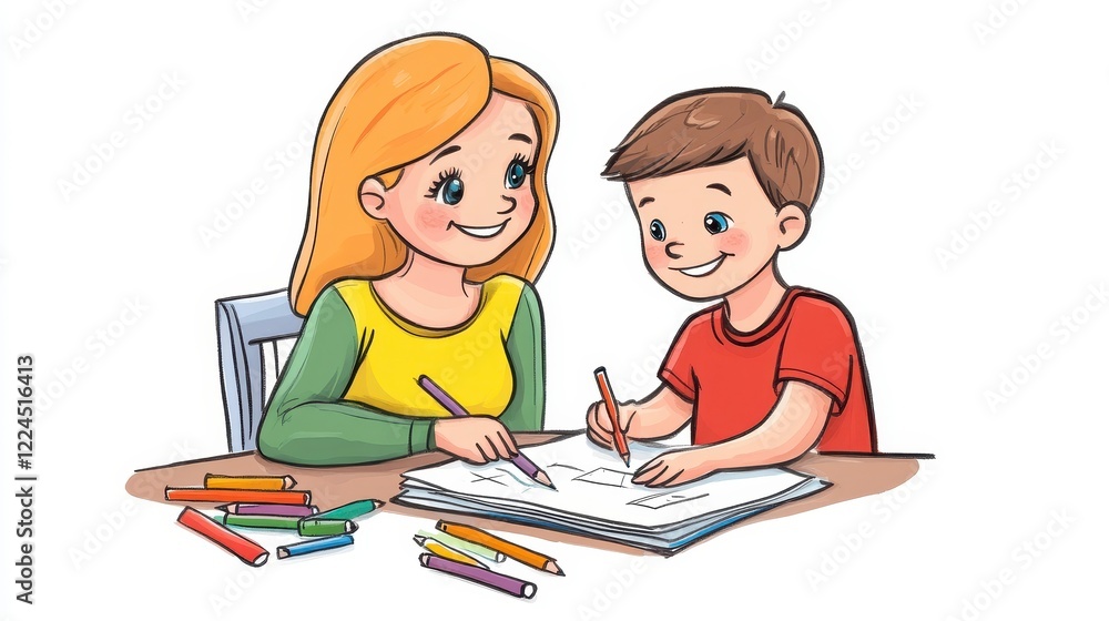 Happy Mother and Child Engaged in Creative Drawing Activity Together Happy Mother and Child Engaged in Creative Drawing Activity Together