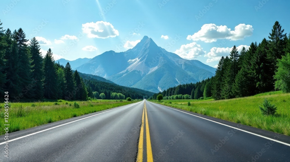 Naklejka premium Asphalt ribbon unwinding towards majestic, snow-capped peak, flanked by verdant meadows and towering evergreen forests under a brilliant summer sky