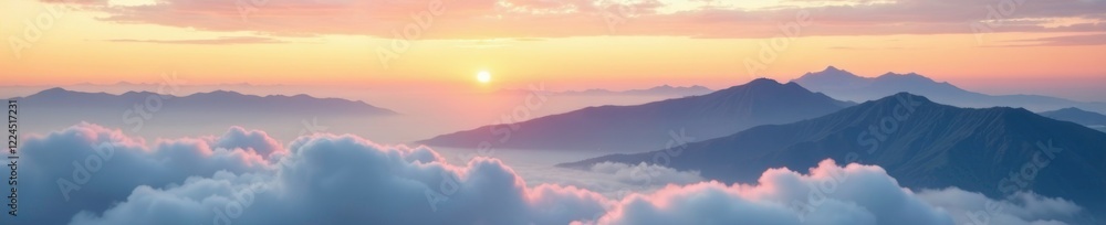 Fototapeta premium Softly swirling clouds float above mountain peaks at golden hour, peaceful, gentle, sky