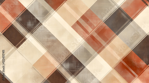 Wallpaper Mural Diagonal Plaid Pattern: A sophisticated and stylish diagonal plaid pattern in warm, earthy tones of beige, brown, and burnt orange.  The design features a subtle watercolor effect. Torontodigital.ca