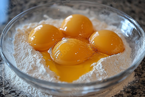 Fresh eggs resting in a bowl of flour, ready for baking, with a kitchen countertop in the background photo