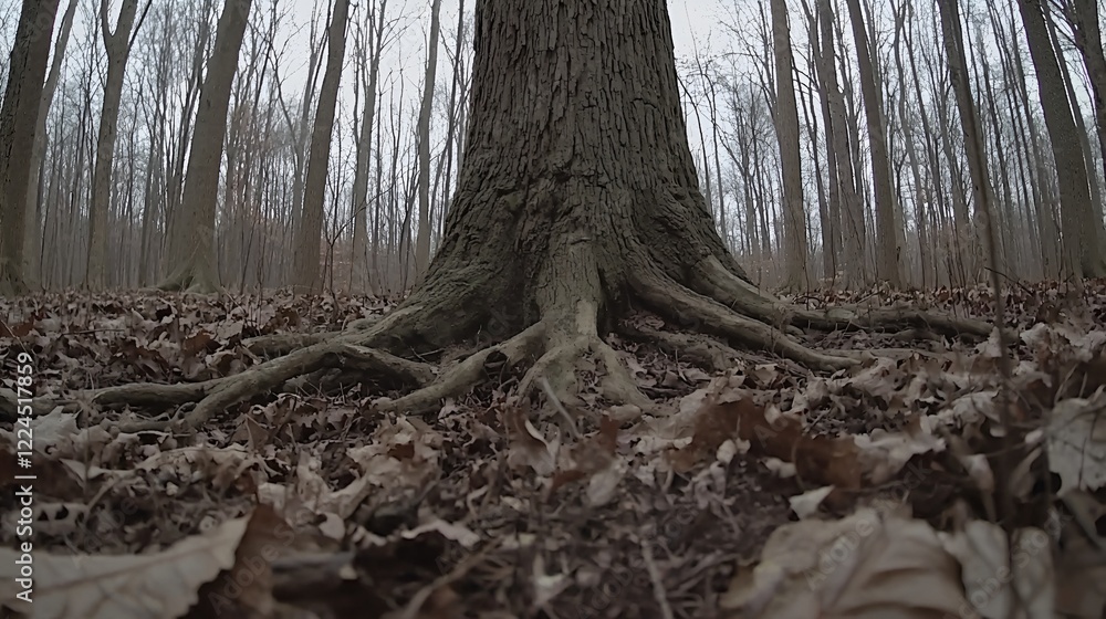 Fototapeta premium Majestic tree roots, winter forest, leaf litter, low angle