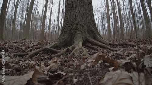 Majestic tree roots, winter forest, leaf litter, low angle photo