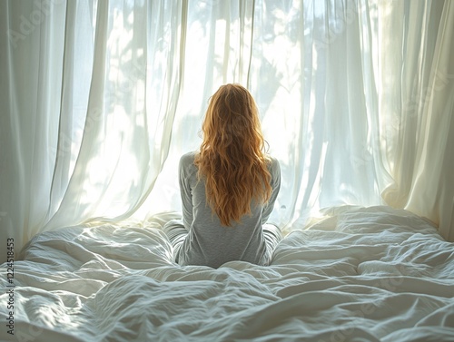 Wallpaper Mural Woman with long red hair sits on bed facing window with white curtains in morning light Torontodigital.ca
