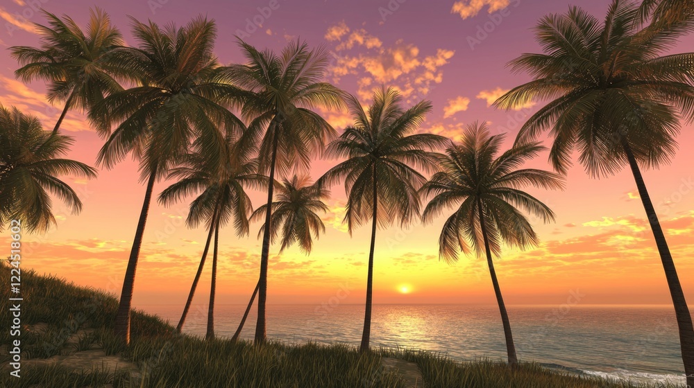 Tropical Sunset Palm Trees Ocean Beach Scene Tropical Sunset Palm Trees Ocean Beach Scene