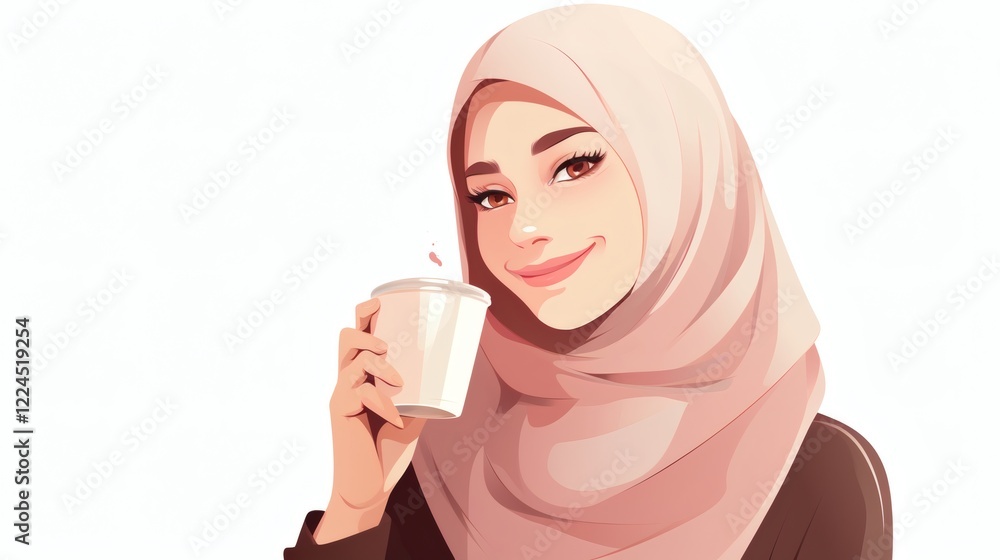 Smiling woman in a hijab holding a cup in a cozy indoor setting during daytime Smiling woman in a hijab holding a cup in a cozy indoor setting during daytime