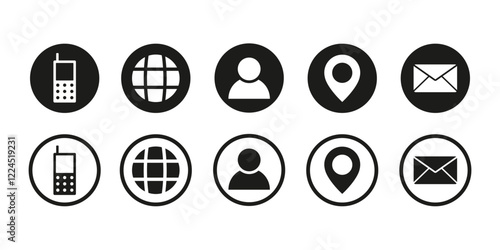 Set of contact us icons with phone, location, globe and mail symbols. Web icon set. Contact information icons for business cards and website. Vector illustration isolated on white background. 