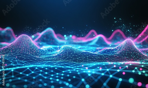Abstract neon landscape with glowing grid and data points