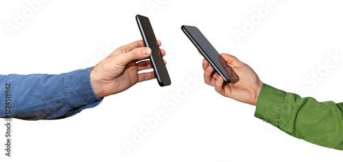 Mobile phone payment technology. Scanning QR code on screen of smart phone. Isolated mobile phones in hands. 