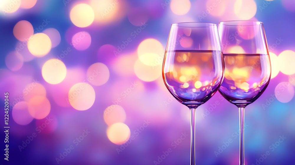 Two elegant wine glasses filled with sparkling liquid, set against a dreamy bokeh background of vibrant colors. Two elegant wine glasses filled with sparkling liquid, set against a dreamy bokeh background of vibrant colors.