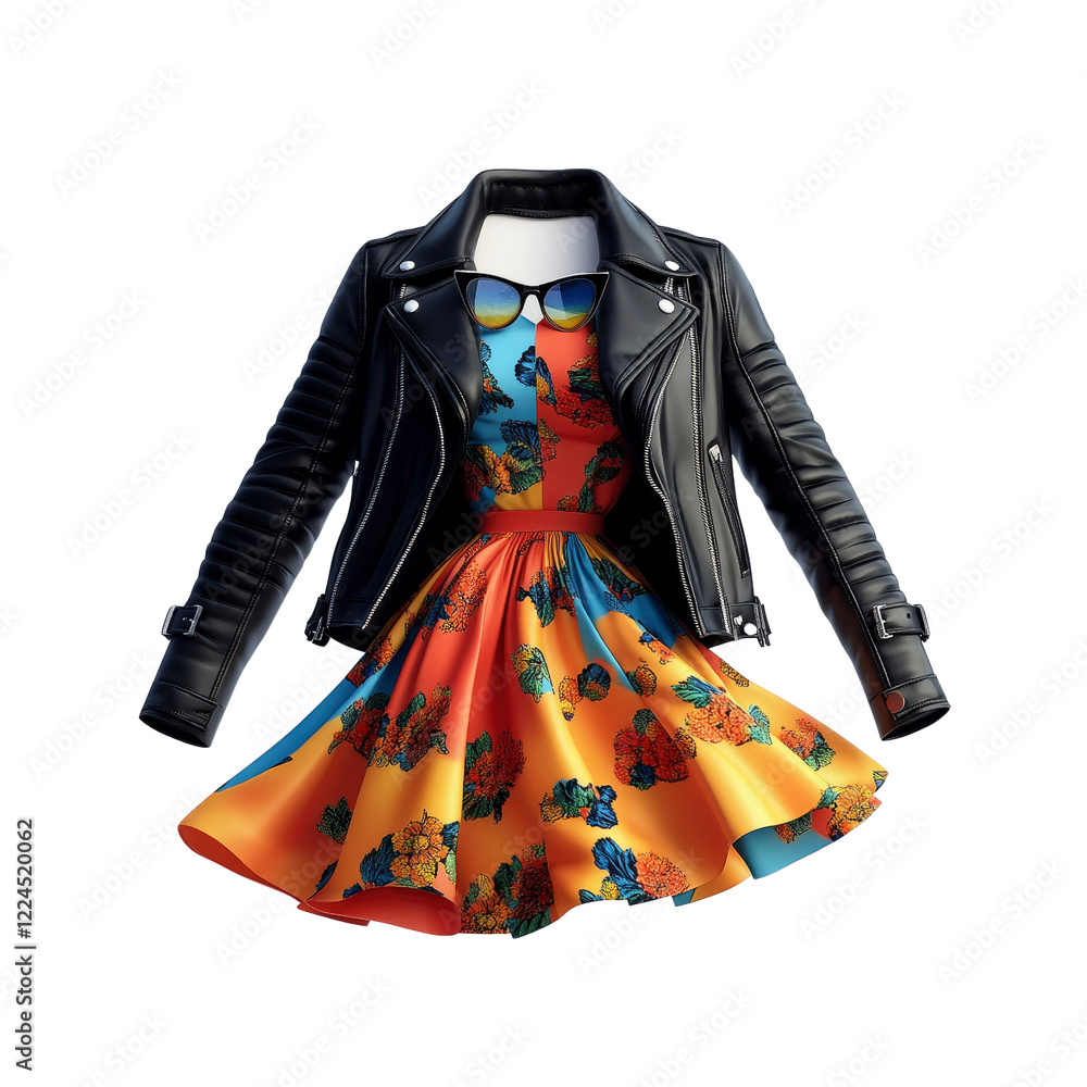 Obraz premium Stylish Floral Dress and Leather Jacket Ensemble