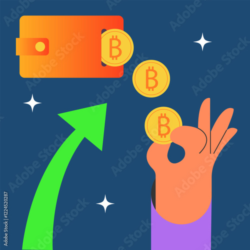 Cryptocurrency wallet and crypto coins and businessman hand. Devices for storing electronic cryptocurrency banknotes. Savings blockchain Technology. Flat vector illustration.