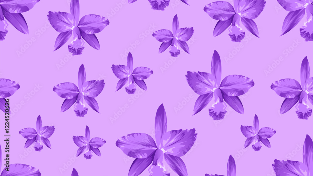Vector seamless pattern of beautiful Cattleya harrisoniana flower blooming. Suitable for background, wrapping, fabric texture pattern. Purple flower pattern Vector seamless pattern of beautiful Cattleya harrisoniana flower blooming. Suitable for background, wrapping, fabric texture pattern. Purple flower pattern