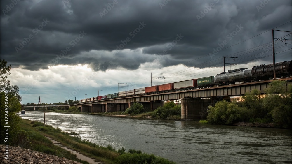 Cloudy Sky, River, Train Transporting Cars - Urban Exploration Photography Cloudy Sky, River, Train Transporting Cars - Urban Exploration Photography