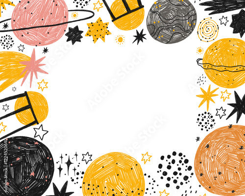 Square border frame with outer space hand drawn illustration. Cosmos, stars and planets card. Kids invitation