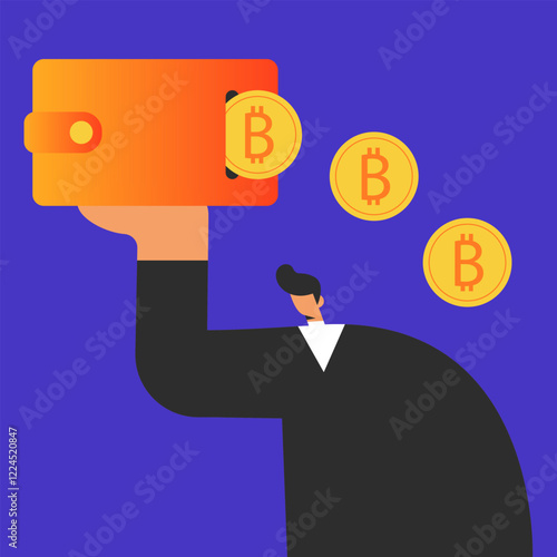 Cryptocurrency wallet and crypto coins with businessman. Devices for storing electronic cryptocurrency banknotes. Savings blockchain Technology. Flat vector illustration.